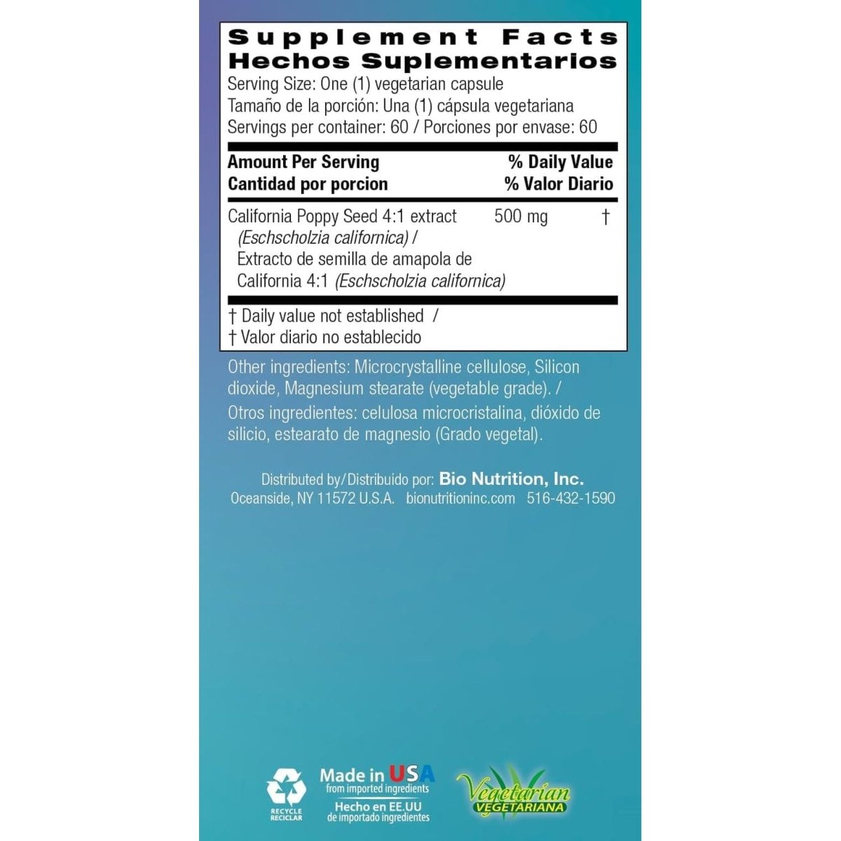 Bio Nutrition California Poppy Herbal Supplement 60 Vegetarian Capsules - Suppviv