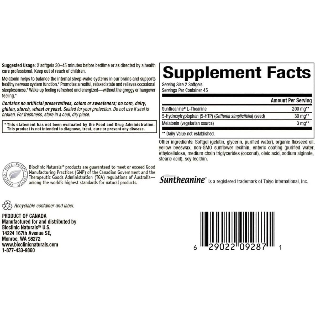 Bioclinic Naturals, Somno - Pro 90 Gels with Melatonin, 5HTP, and L - Theanine - Suppviv