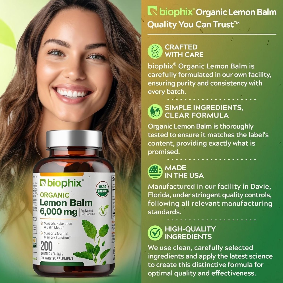 Biophix Lemon Balm Capsules USDA Organic 20:1 Extract 300 Mg 200 Veggie Caps - Suppviv