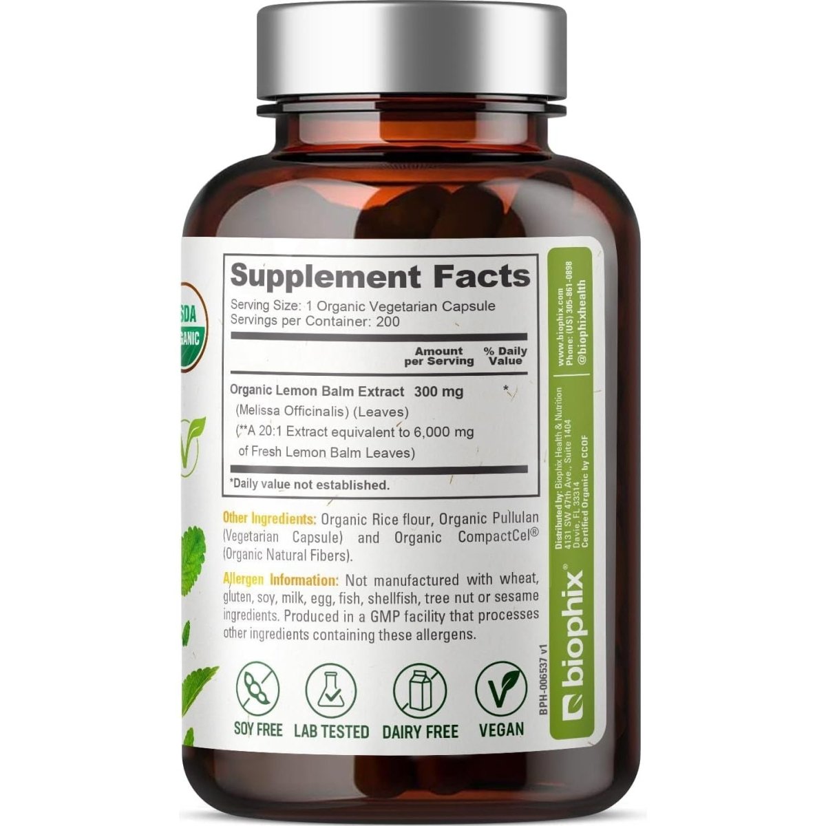 Biophix Lemon Balm Capsules USDA Organic 20:1 Extract 300 Mg 200 Veggie Caps - Suppviv