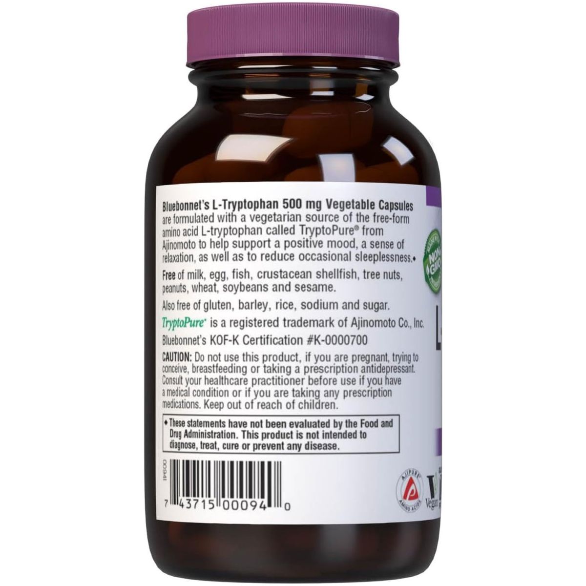 Bluebonnet Nutrition L - Trypotophan 500Mg - Neurotransmitting Support 60 Capsules 60 Servings - Suppviv