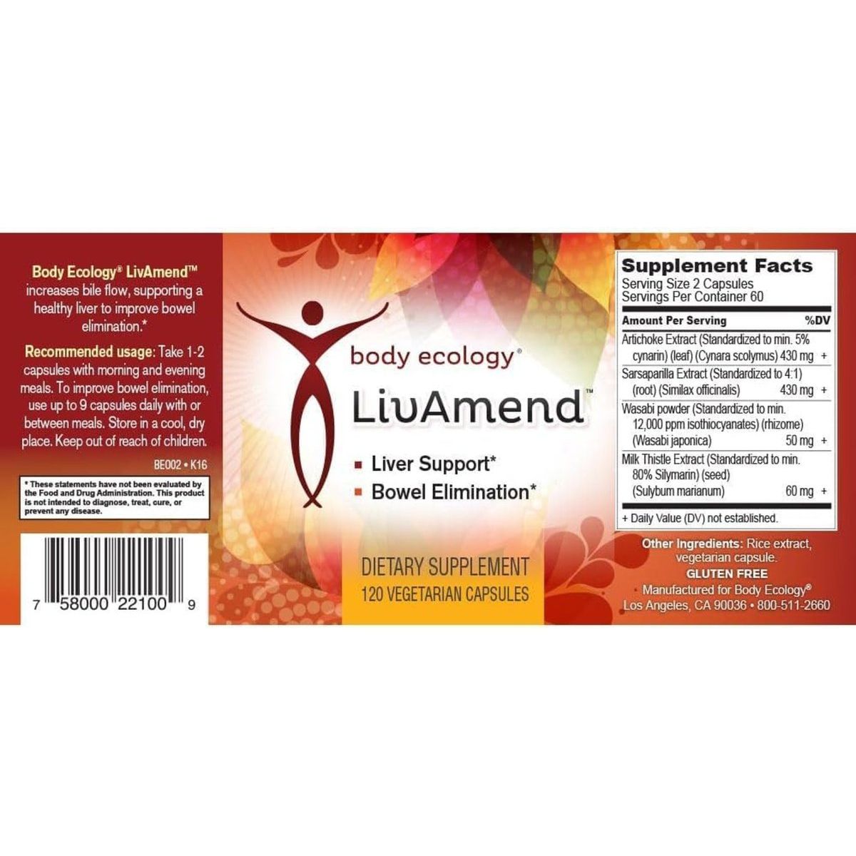 Body Ecology Livamend - Liver Supplement with Milk Thistle and Artichoke 120 Capsules - Suppviv