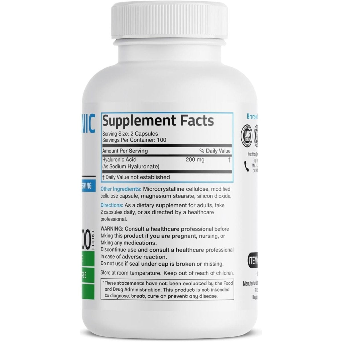 Bronson Hyaluronic Acid 200 MG High Potency Joint Health & Healthy Skin Support, Non - Gmo, 200 Vegetarian Capsules - Suppviv