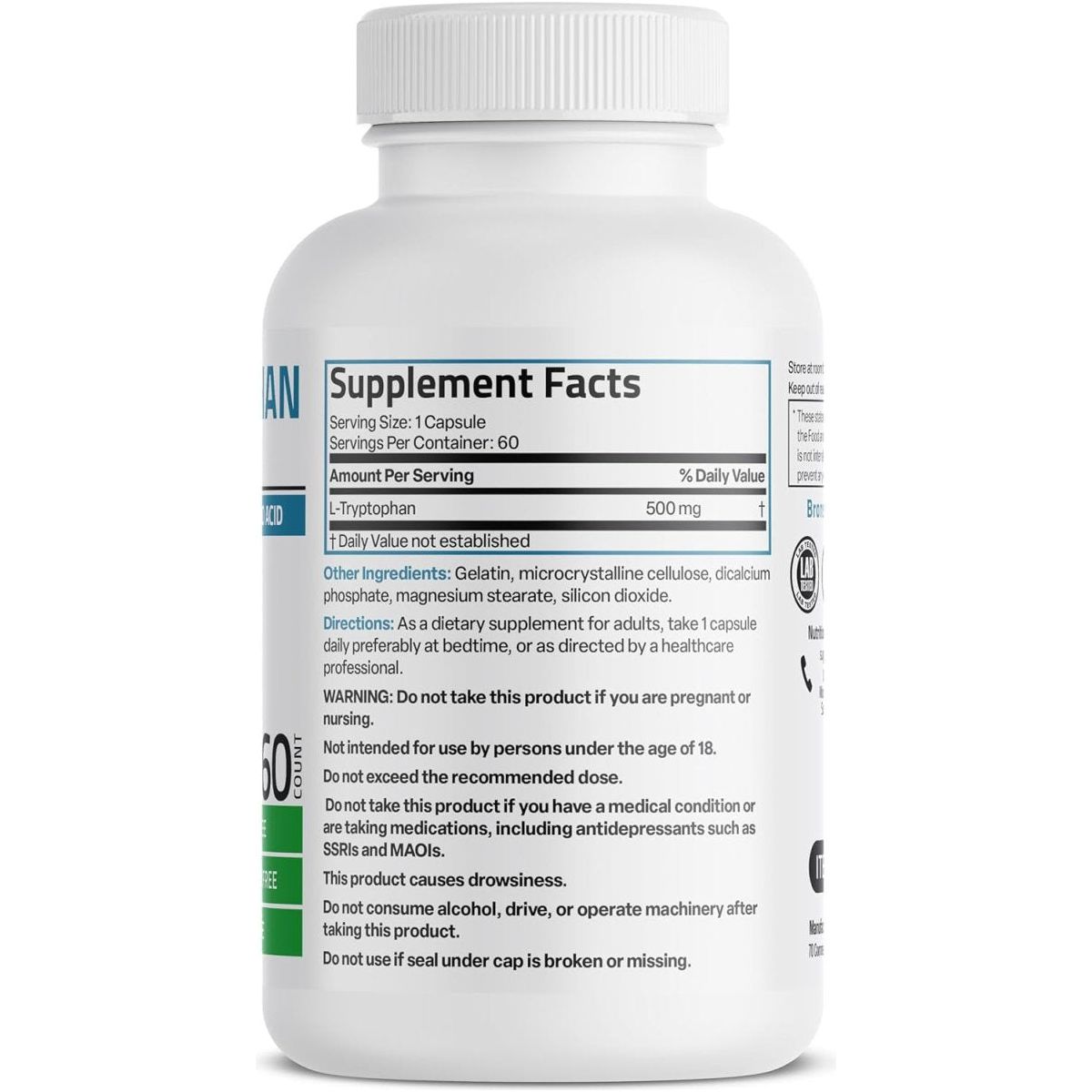 Bronson L - Tryptophan 500 MG Amino Acid for Relaxation & Positive Mood 60 Capsules - Suppviv