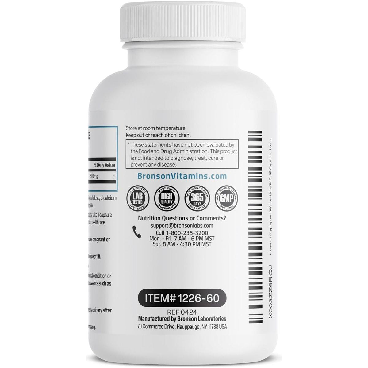 Bronson L - Tryptophan 500 MG Amino Acid for Relaxation & Positive Mood 60 Capsules - Suppviv