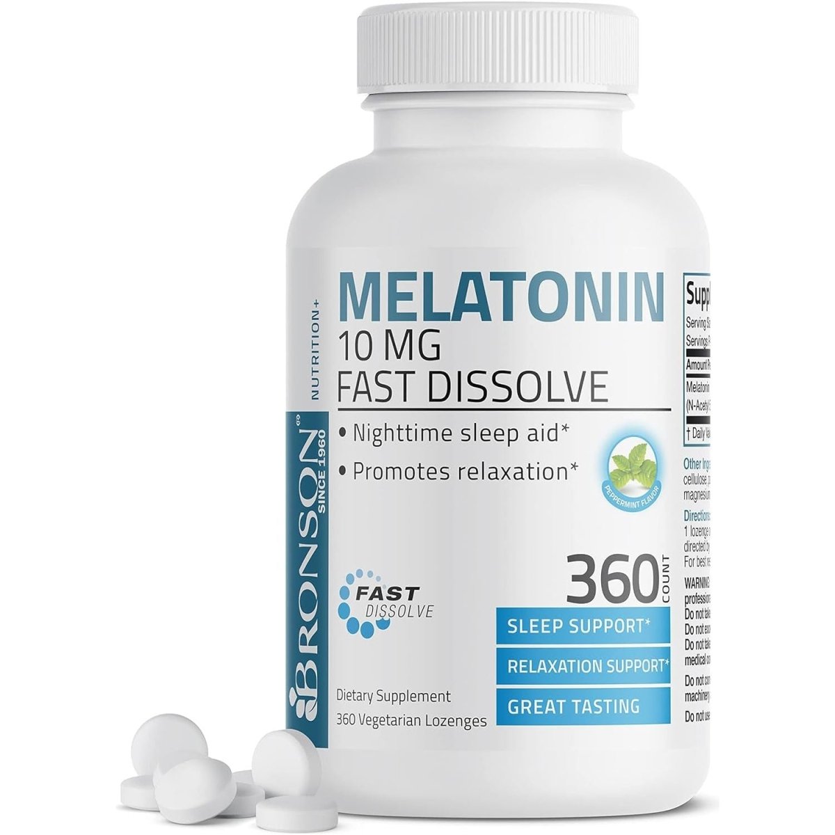 Bronson Melatonin 10 MG Fast Dissolve Peppermint Tablets 360 Chewable Vegetarian Lozenges - Suppviv