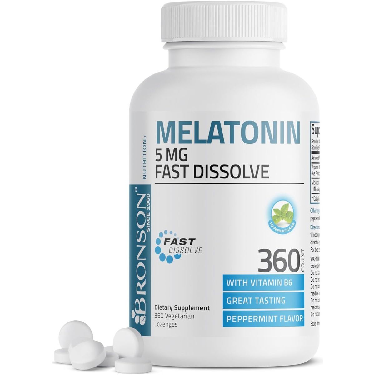 Bronson Melatonin 5Mg Fast Dissolve Peppermint Tablets 360 Vegetarian Chewable Lozenges - Suppviv