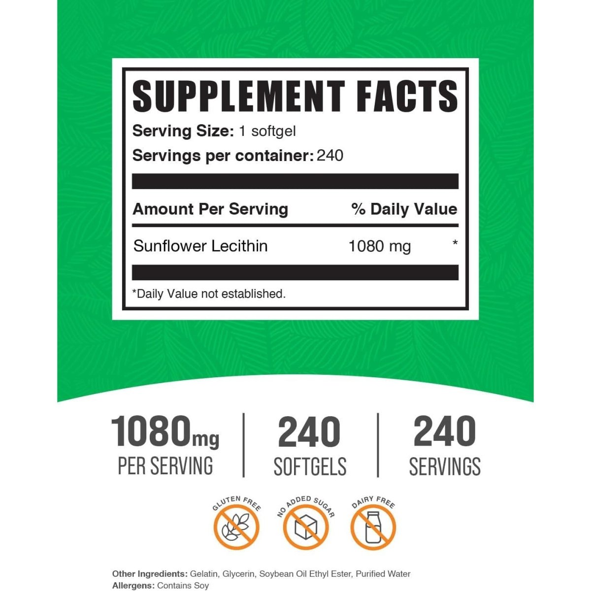 Bulksupplements.Com Sunflower Lecithin Softgels - Lecithin Supplement, Sunflower Lecithin 1080Mg 240 Count - Suppviv