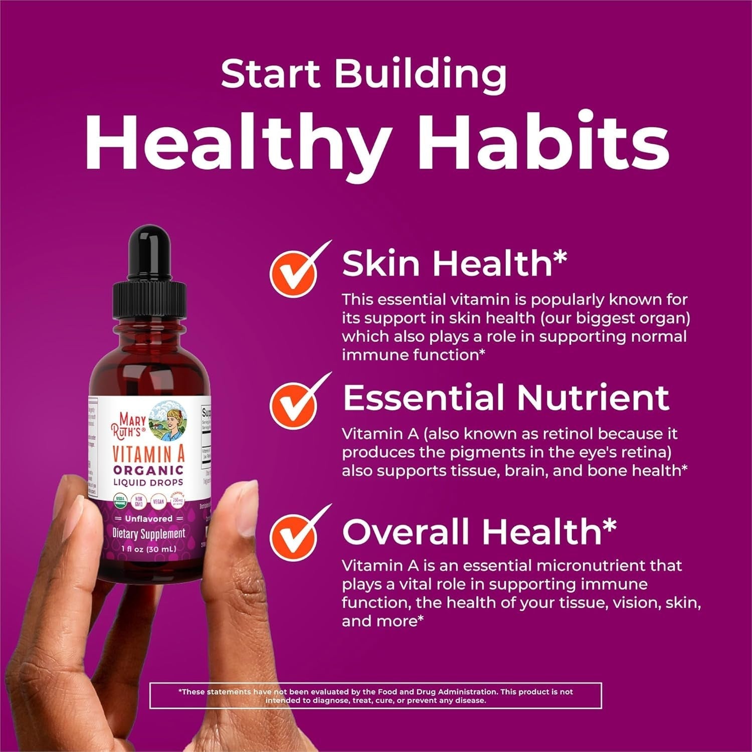 Maryruth Organics USDA Organic Vitamin A Liquid Drops for Immune Support, Eye Health, Skin Health for Ages 14+ | 3 Month Supply/10z