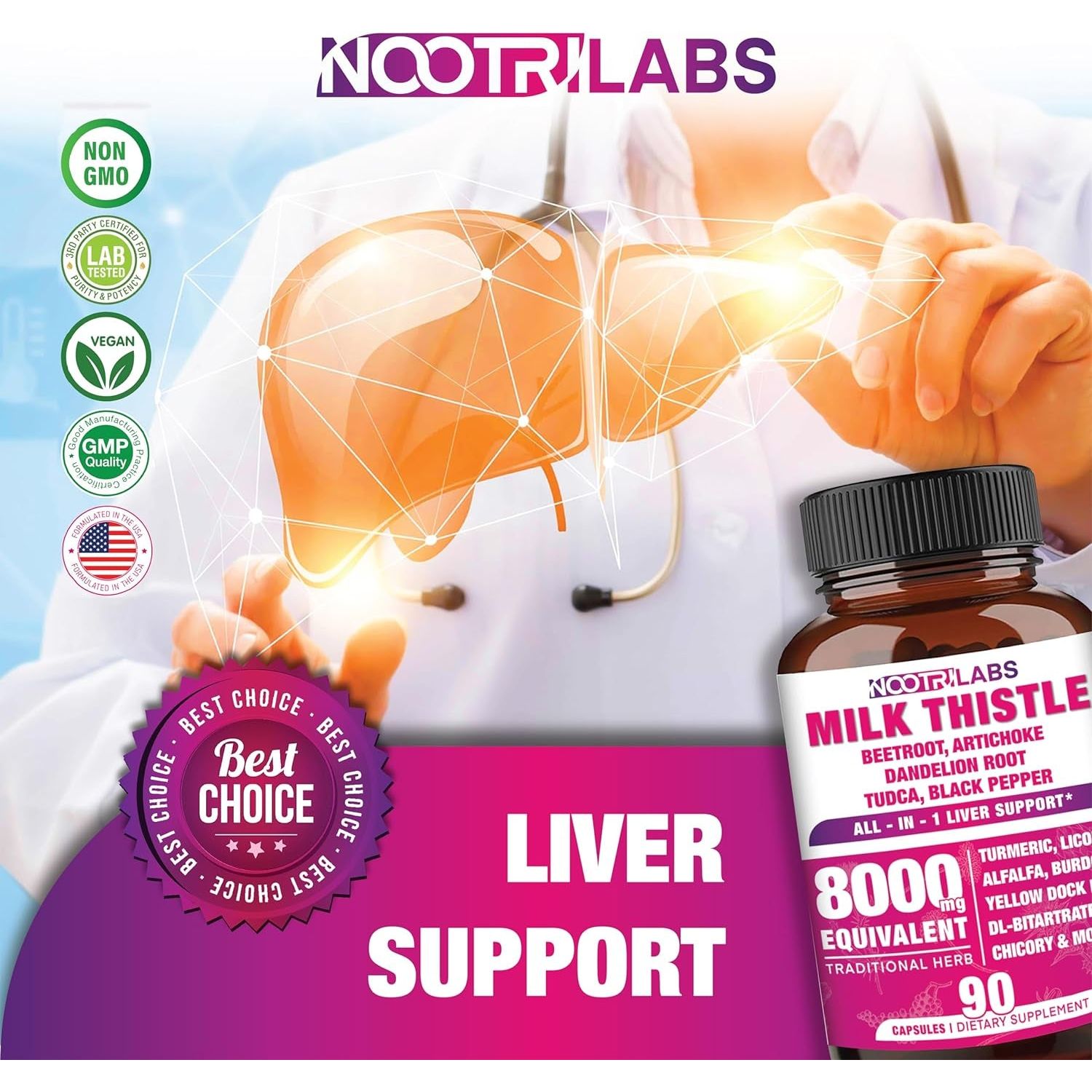 All-In-1 8000Mg Highest Potency Milk Thistle NAC Beetroot Artichoke Dandelion Root - Liver Cleanse Detox & Repair 90 Vegan Capsules