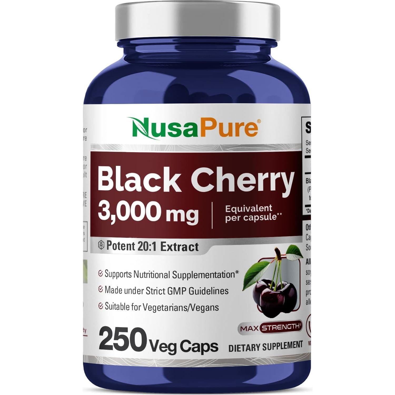 Nusapure Black Cherry Extract 3,000Mg 250 Veggie Capsules Max Potency, Non-Gmo, Bioperine