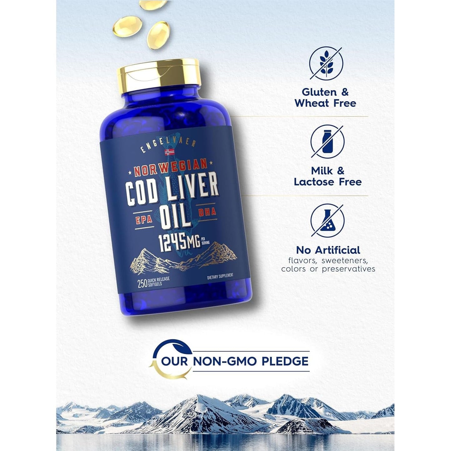 Carlyle Cod Liver Oil Softgels | 1245Mg | 250 Count | Norwegian | Non GMO, Gluten Free