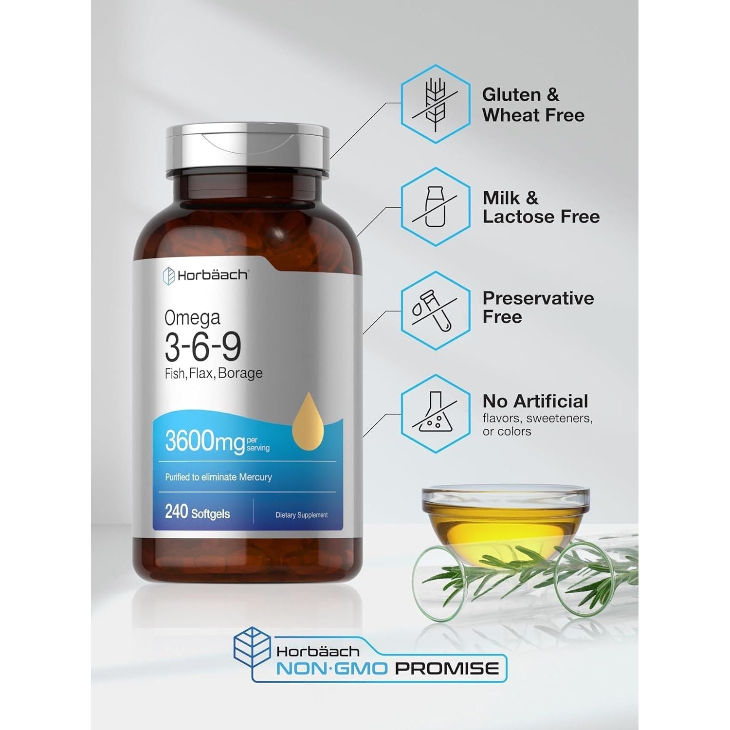 Horbäach Triple Omega 3-6-9 240 Softgels | from Fish, Flaxseed, Borage Oils