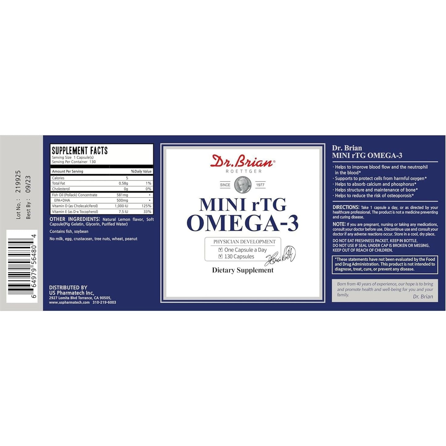 Dr.Brian Fish Oil Supplement 130 Softgel with EPA/DHA Fatty Acids Vitamin D E