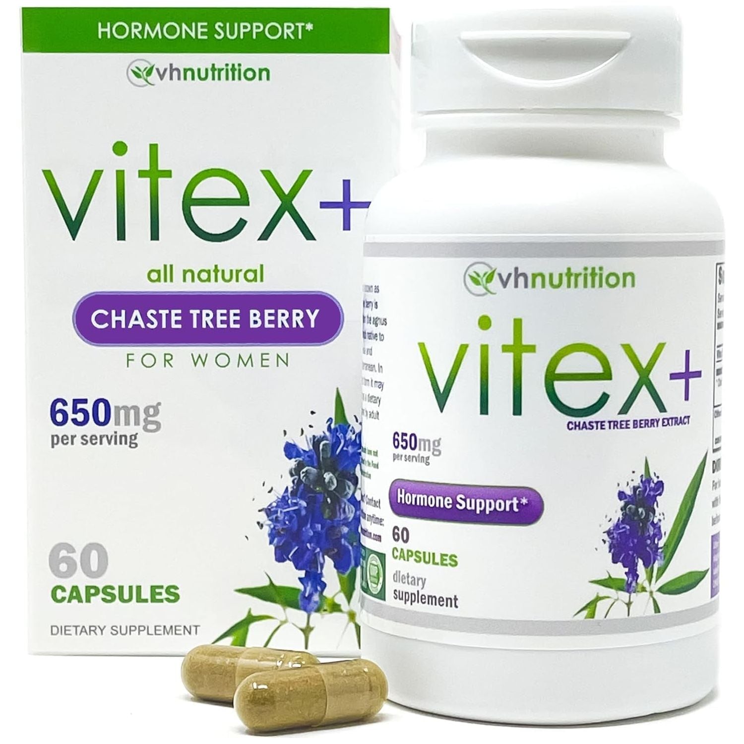 VH Nutrition VITEX+ | Vitex Chasteberry Supplement for Women - Hormonal Balance* and Fertility Support* 650Mg - 60 Capsules