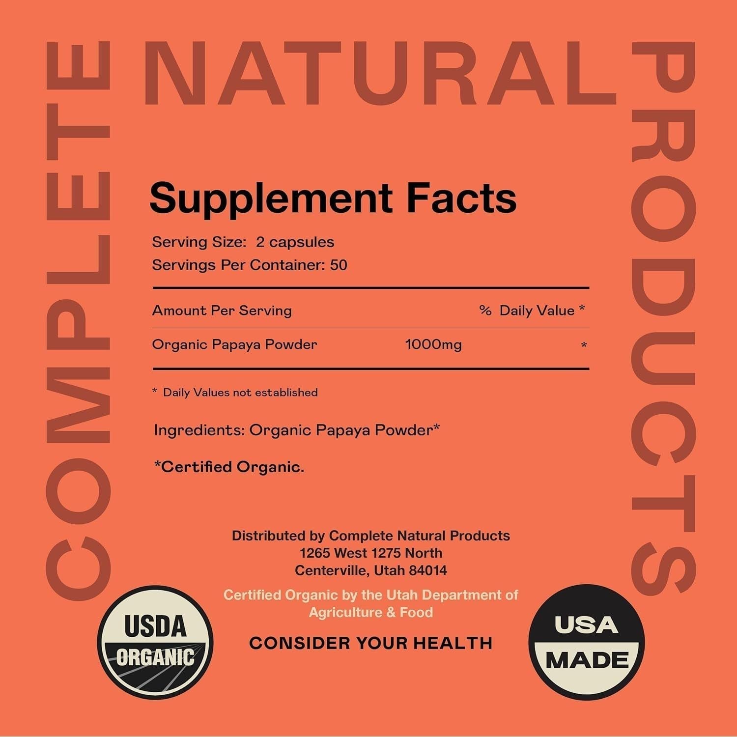 Complete Natural Products Organic Papaya Enzymes & Papain Enzyme Capsules - 500Mg 100 Pills,