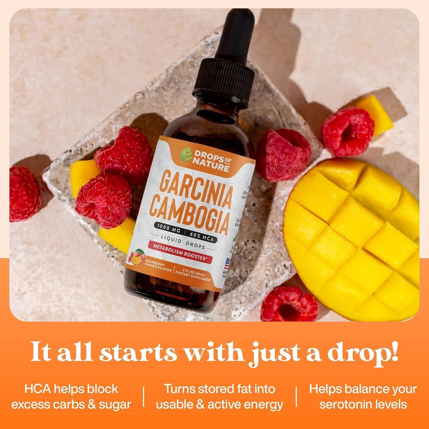 Garcinia Cambogia - Appetite Suppressant for Weight Loss - 2 Fl. Oz. Natural Raspberry Mango