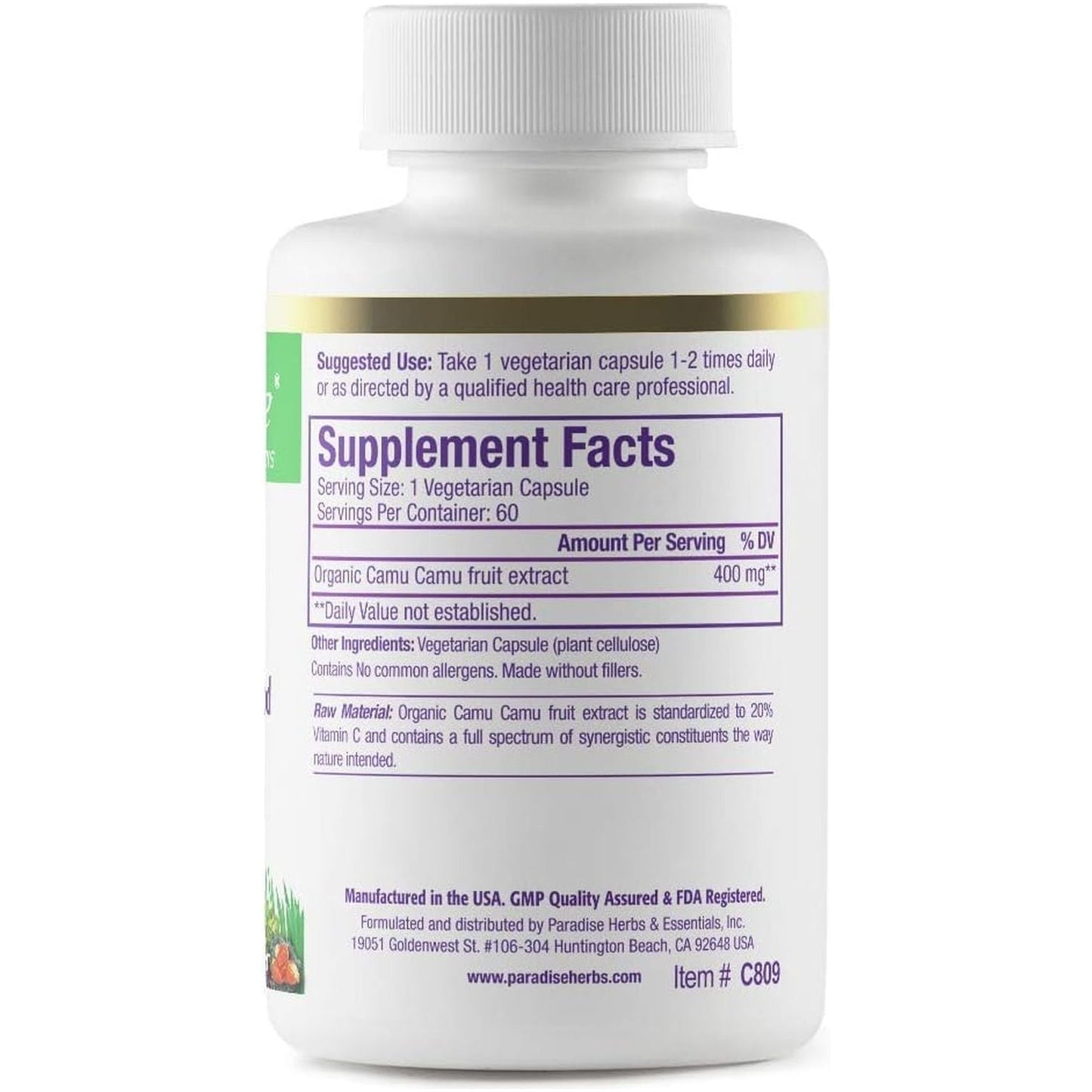 Paradise Herbs, Organic Camu Camu Extract, 400 Mg, Rich in Vitamin C, Pure & Potent, 60 Capsules