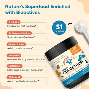 Grass Fed Bovine Colostrum Powder for Humans, Adults | Immunity & Muscle Recovery Support 65 Servings