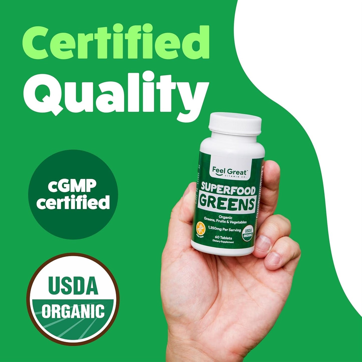 Feel Great Vitamins Super Greens Tablets with Kale, Spinach Extract, Green Onion, and More, 60 Tablets