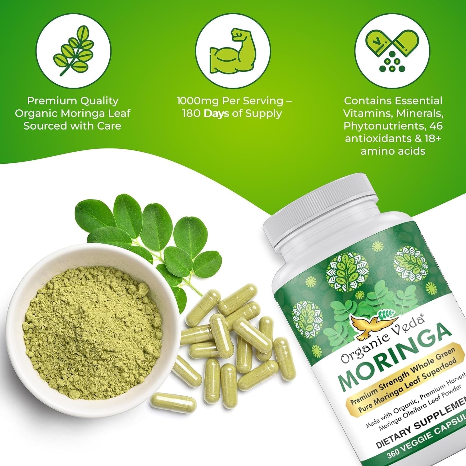 Organic Veda Moringa Leaf Powder Capsules, 1000Mg - Energy, Sleep & Immunity Support 360 Count