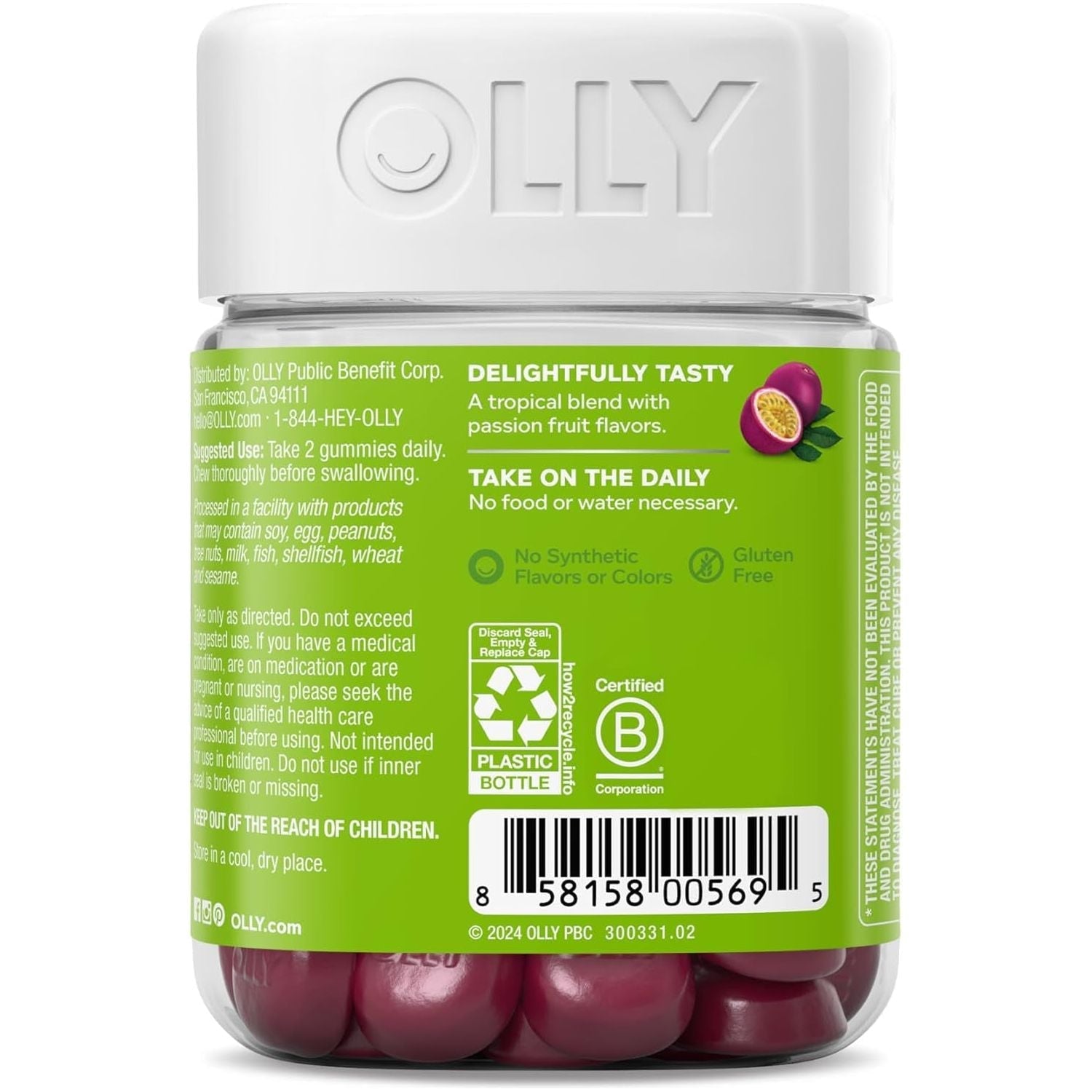 OLLY Daily Energy Gummy, Caffeine Free, Vitamin B12, Coq10, Goji Berry, Adult Chewable Supplement, Tropical Flavor - 60 Count