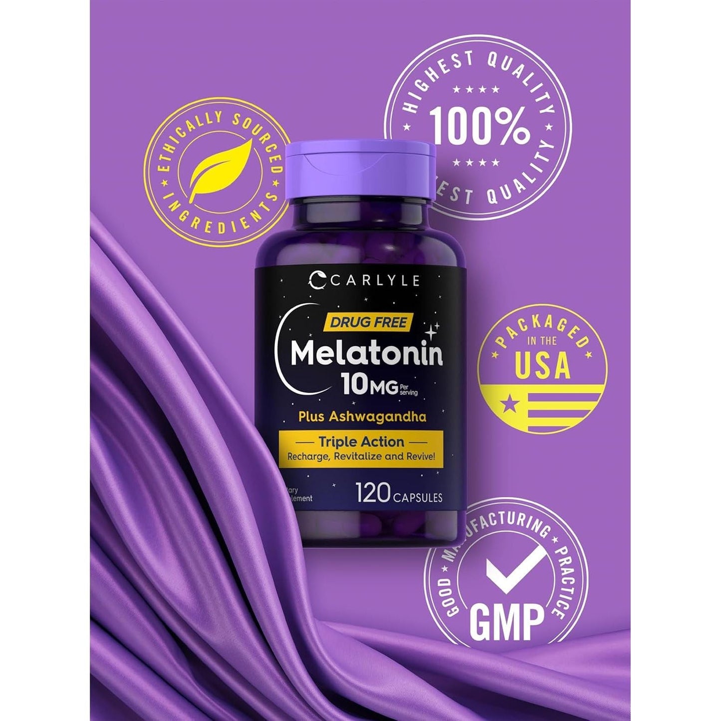 Carlyle Melatonin 10Mg with Ashwagandha | Triple Strength Formula 120 Capsules