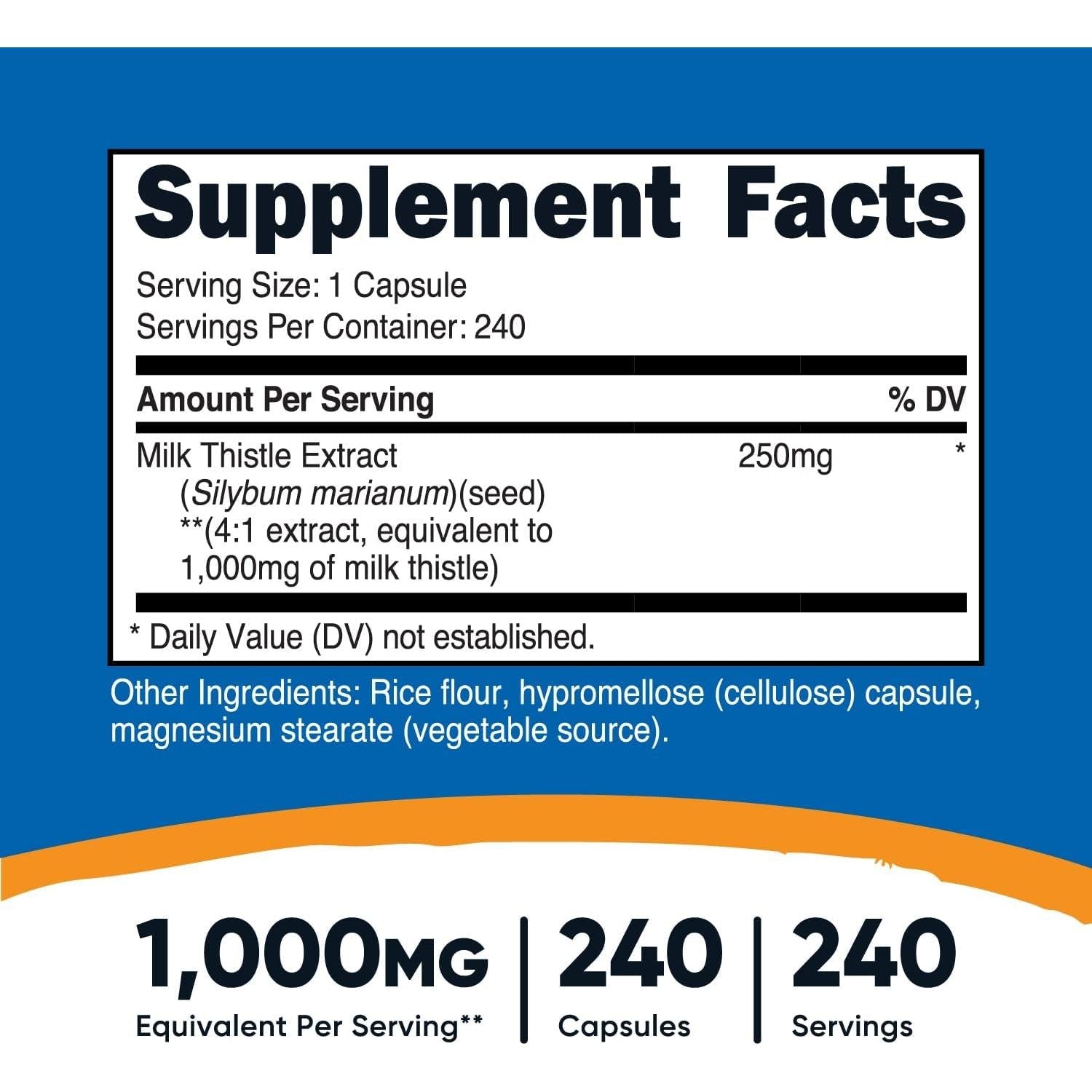 Nutricost Milk Thistle 1,000Mg Equivalent, 240 Capsules - 250Mg of 4:1 Extract