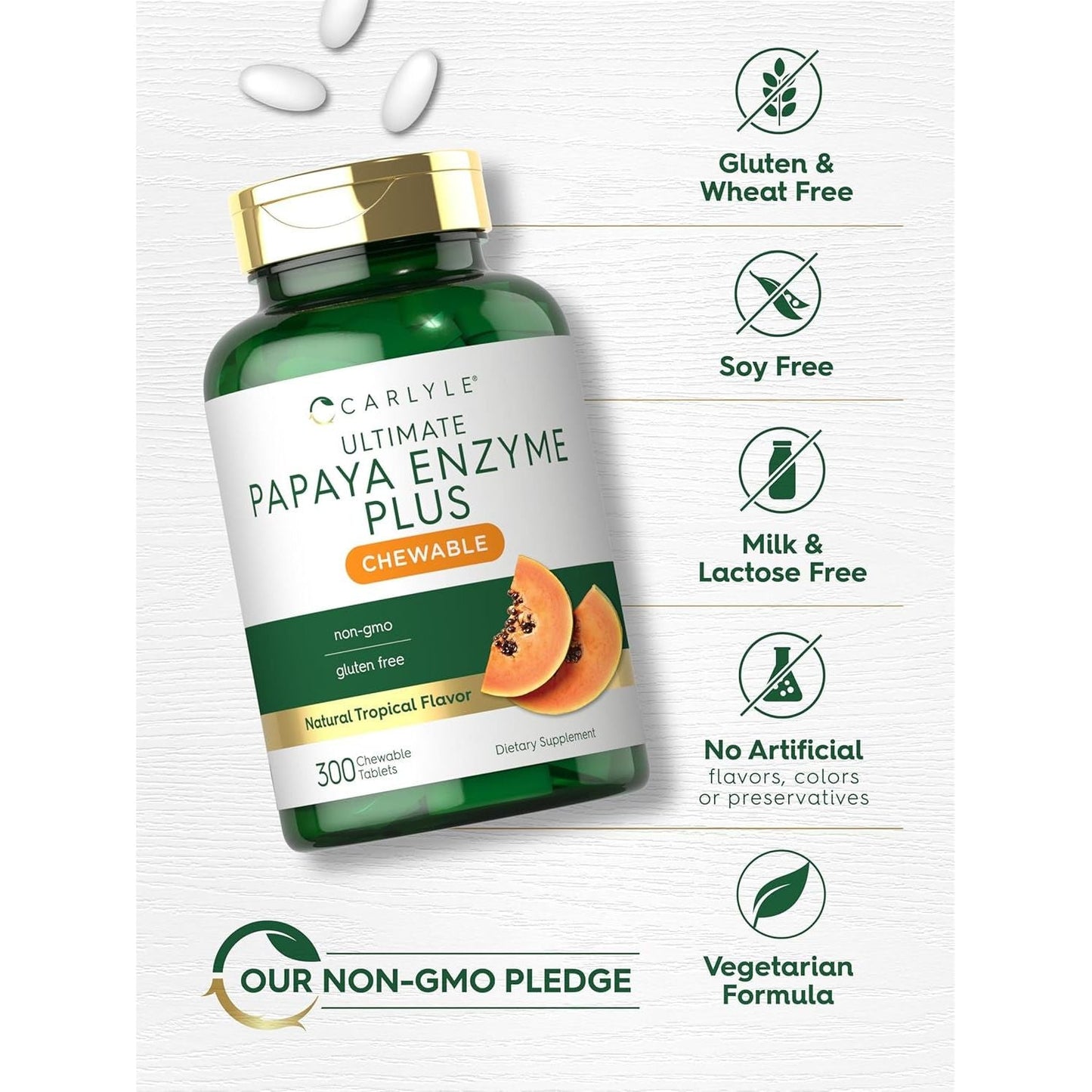 Carlyle Papaya Enzyme Chewable Tablets | Vegetarian, Non-Gmo, Gluten Free Formula | Tropical Flavor