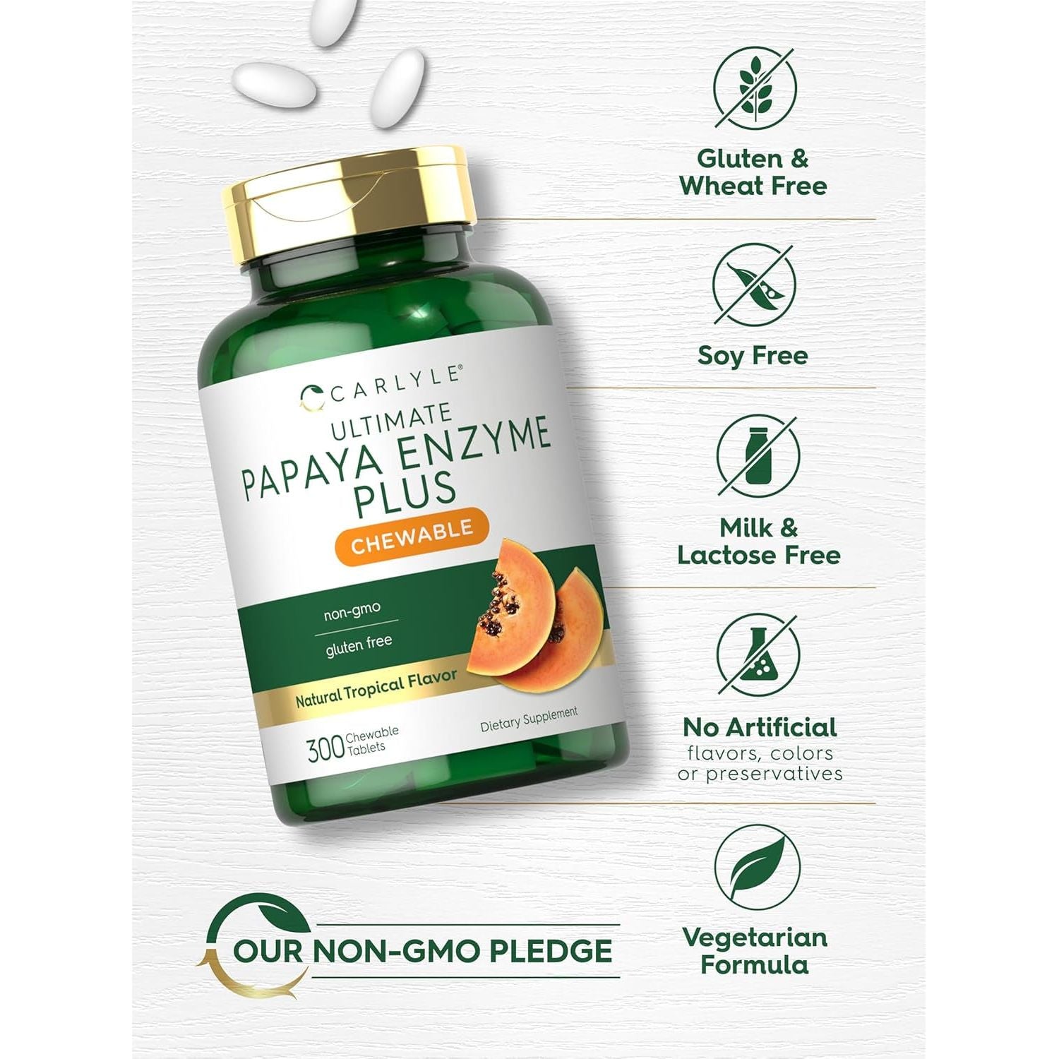 Carlyle Papaya Enzyme Chewable Tablets | Vegetarian, Non-Gmo, Gluten Free Formula | Tropical Flavor