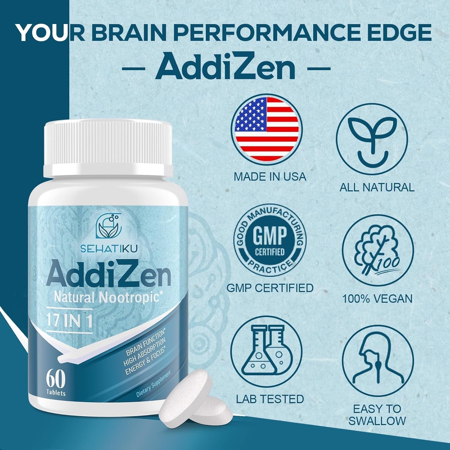 17-In-1 Brain Supplement for Memory and Focus | Natural Nootropics Brain Supplement for Brain Cognition, Energy 60 Tablets