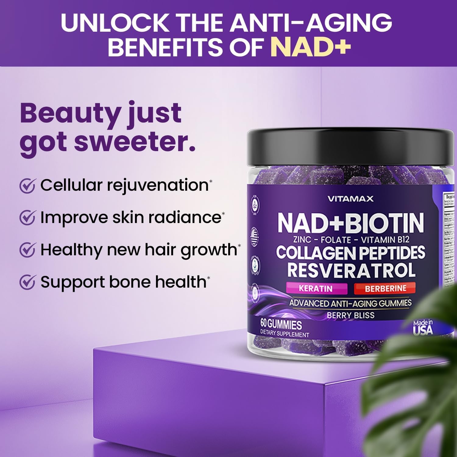 NAD+, Resveratrol, Berberine, & Biotin Anti-Aging Gummy - Hair, Skin, Nails & Joint Supplement - Made in USA 60 Count