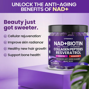 NAD+, Resveratrol, Berberine, & Biotin Anti-Aging Gummy - Hair, Skin, Nails & Joint Supplement - Made in USA 60 Count