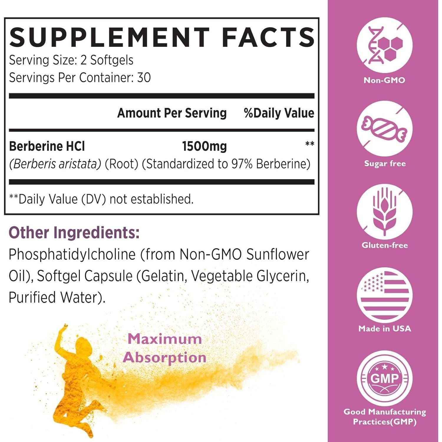 Berberine HCL Supplement 1500Mg - High Bioavailability Liposomal Berberine Capsules