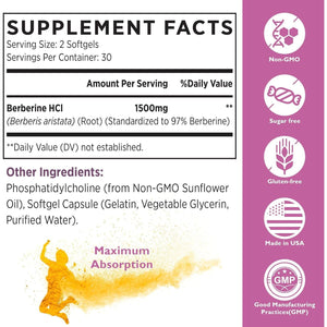 Berberine HCL Supplement 1500Mg - High Bioavailability Liposomal Berberine Capsules