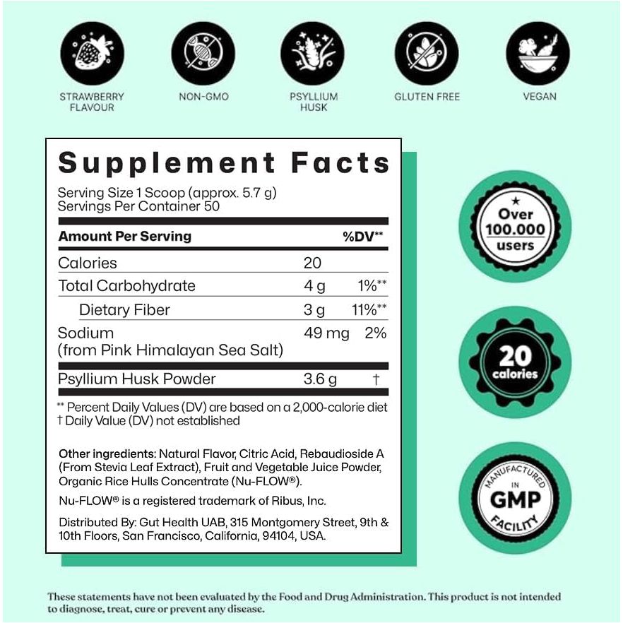 Colonbroom Psyllium Husk Powder (Strawberry) - Colon Cleanse for Bloating Relief & Gut Health - 50 Servings