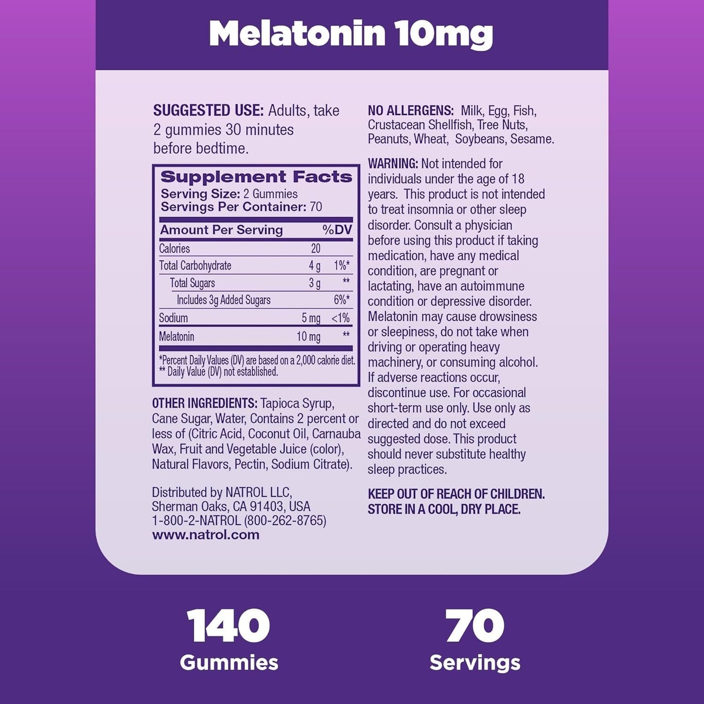 Natrol Melatonin Gummies, Sleep Support for Adults, 10 Mg Melatonin Supplement for Sleeping, 140 Gummies