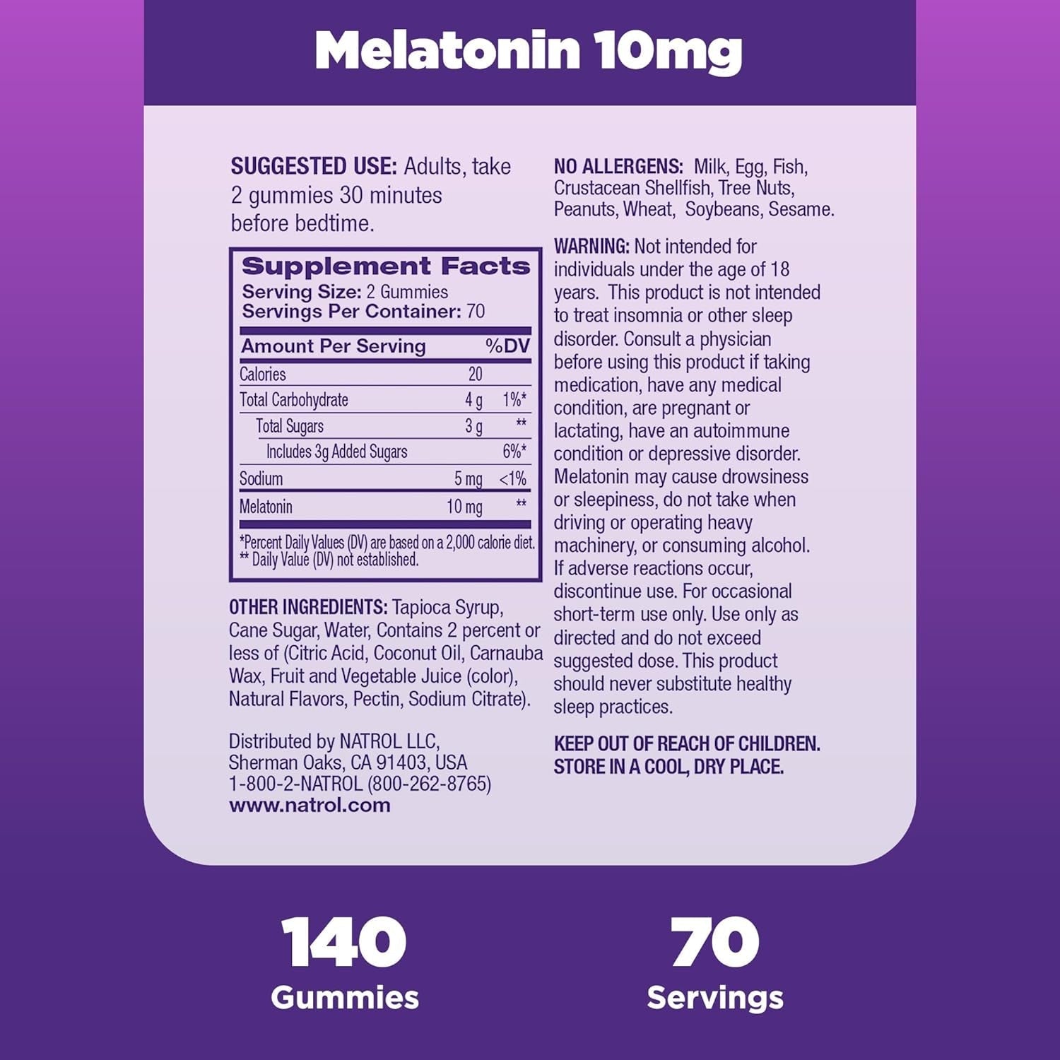 Natrol Melatonin Gummies, Sleep Support for Adults, 10 Mg Melatonin Supplement for Sleeping, 140 Gummies