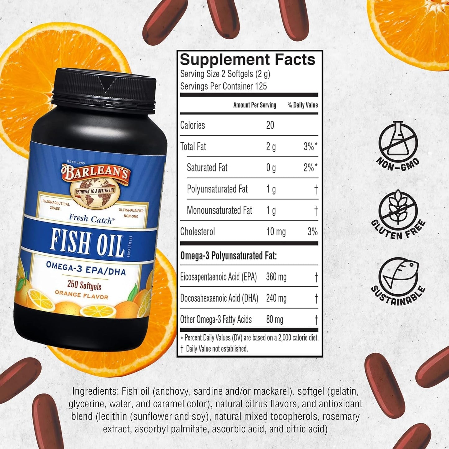 Barlean'S Omega 3 Fish Oil Supplements, 600Mg  with EPA & DHA for Joint, Brain, & Heart Health, 250 Count