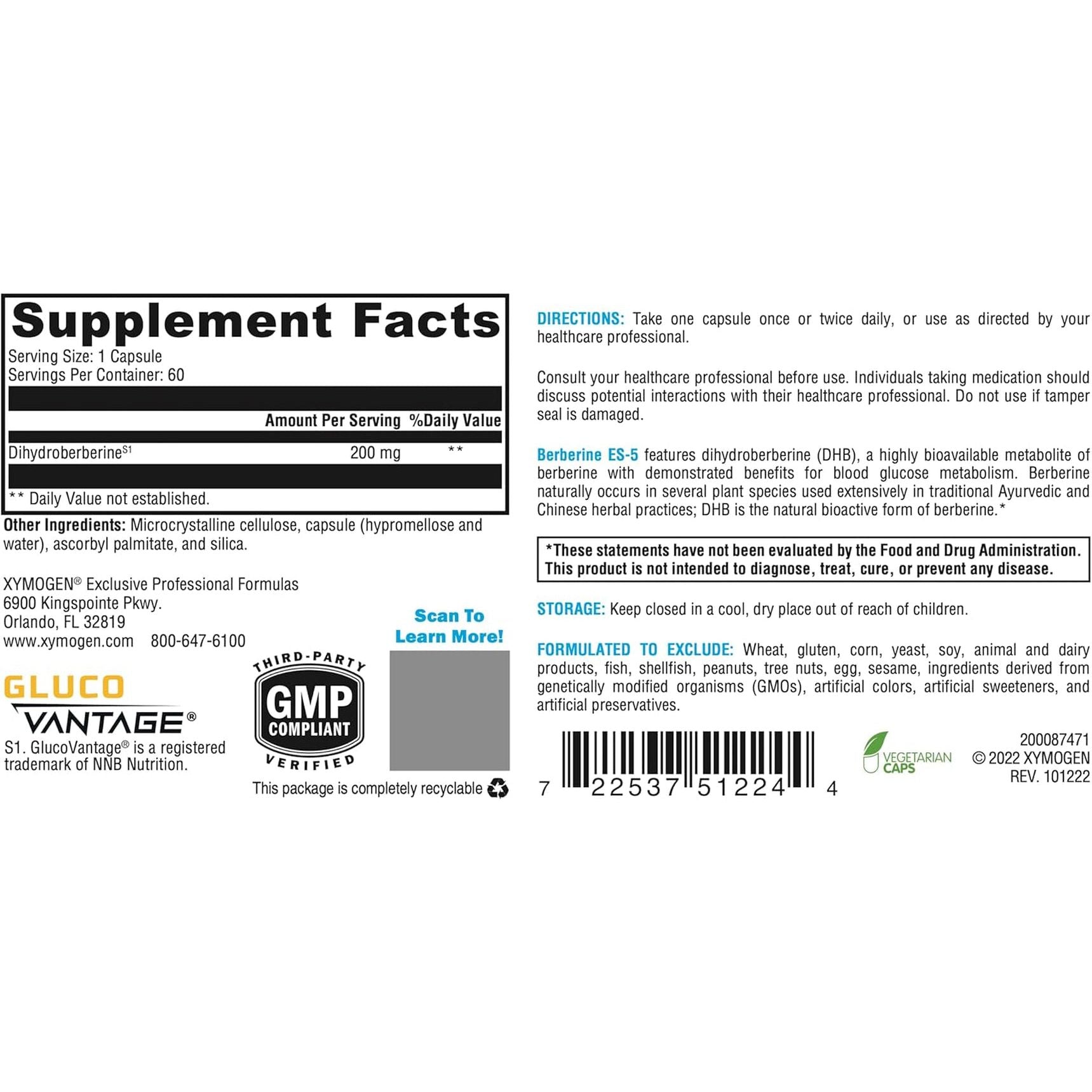 XYMOGEN Berberine ES-5 - Dihydroberberine Berberine Supplement for Metabolic Support (60 Capsules)