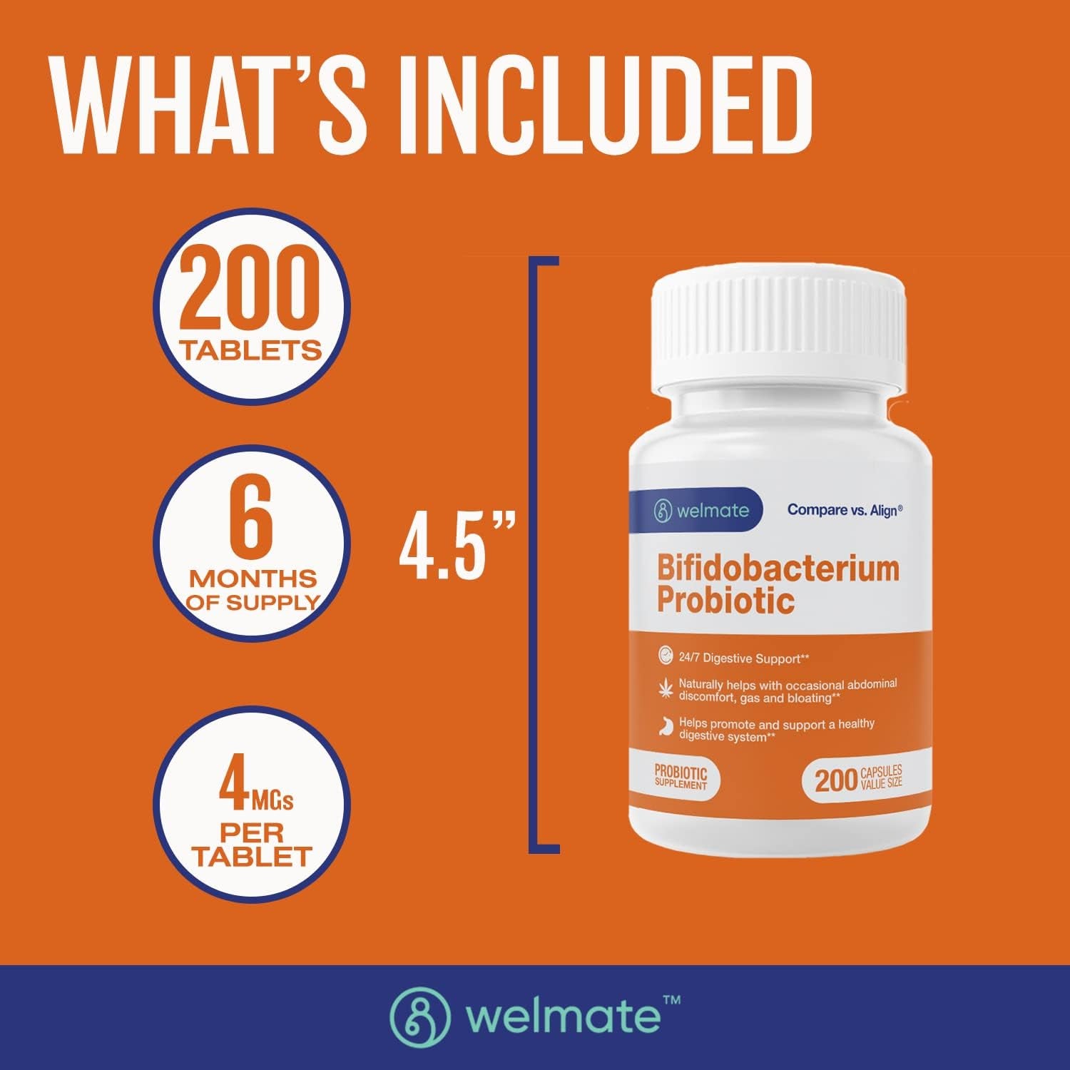 WELMATE Bifidobacterium | Probiotic Supplement | Supports Gut Health | Immune Support 200 Count