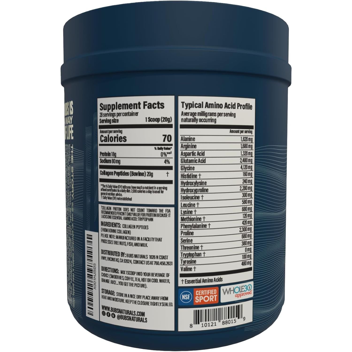 BUBS Naturals Collagen Peptides Powder, Collagen for Women & Men, Hydrolyzed Peptides 28 Servings