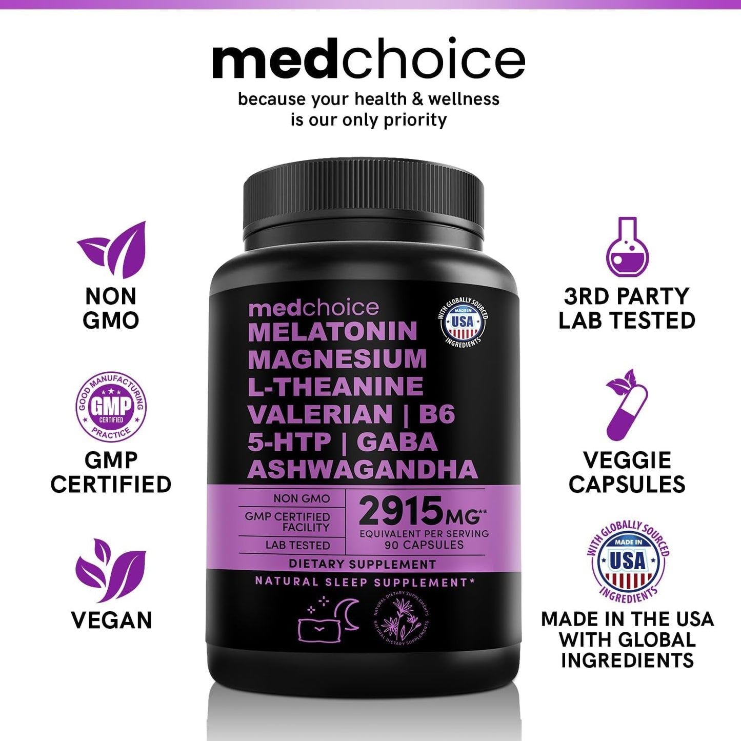 12-In-1 Melatonin Capsules - Natural Sleep Aids for Adults (90 Ct)