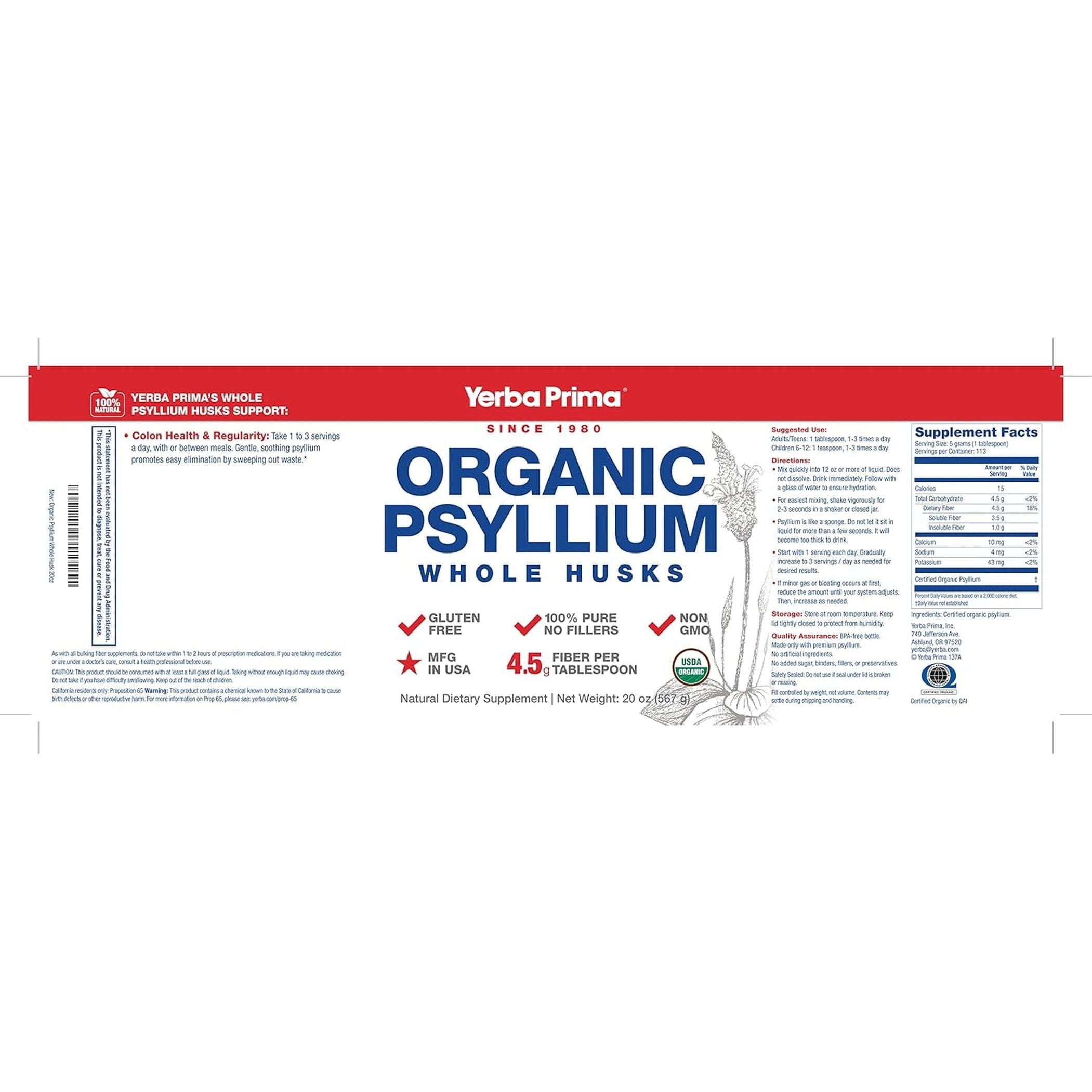 Yerba Prima Organic Psyllium Whole Husks Colon Cleanser - Natural Daily Dietary Fiber Supplement 20 Oz 