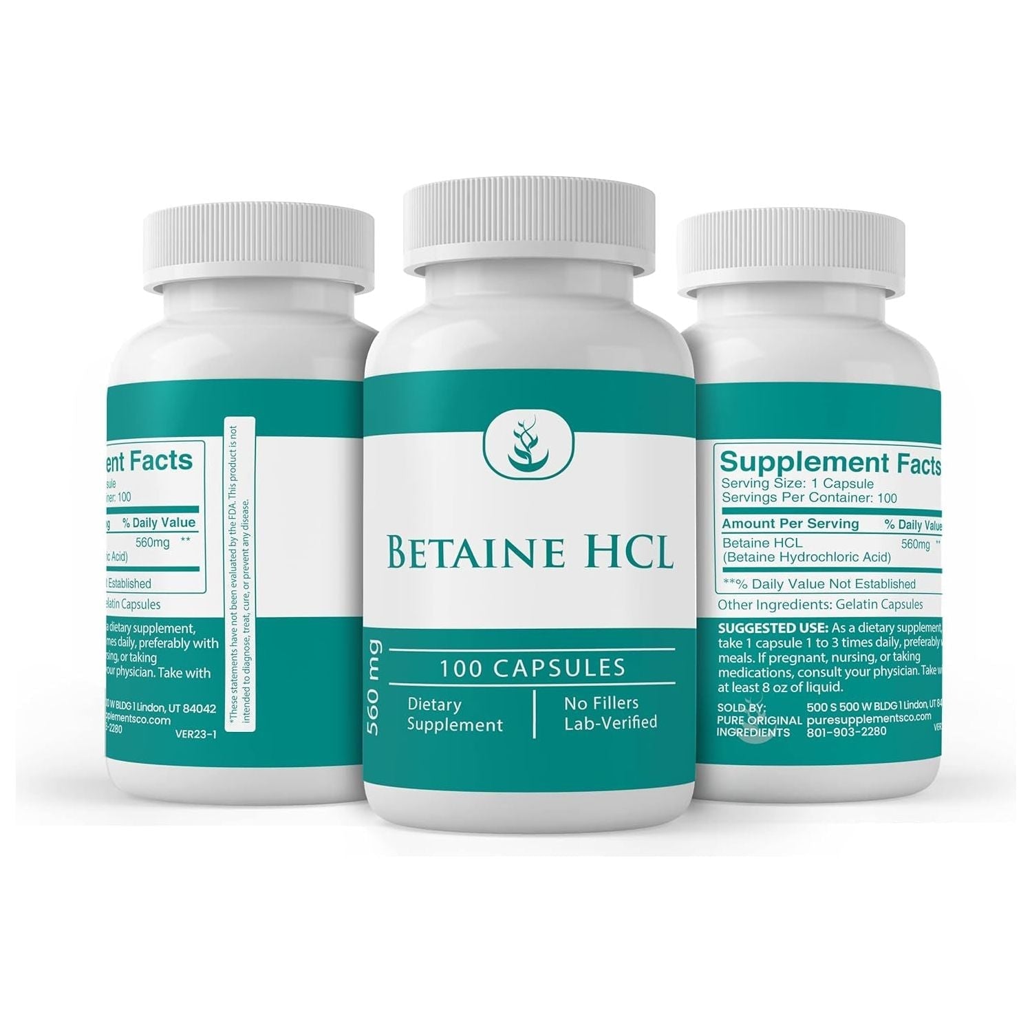 PURE ORIGINAL INGREDIENTS Betaine HCL, (100 Capsules)