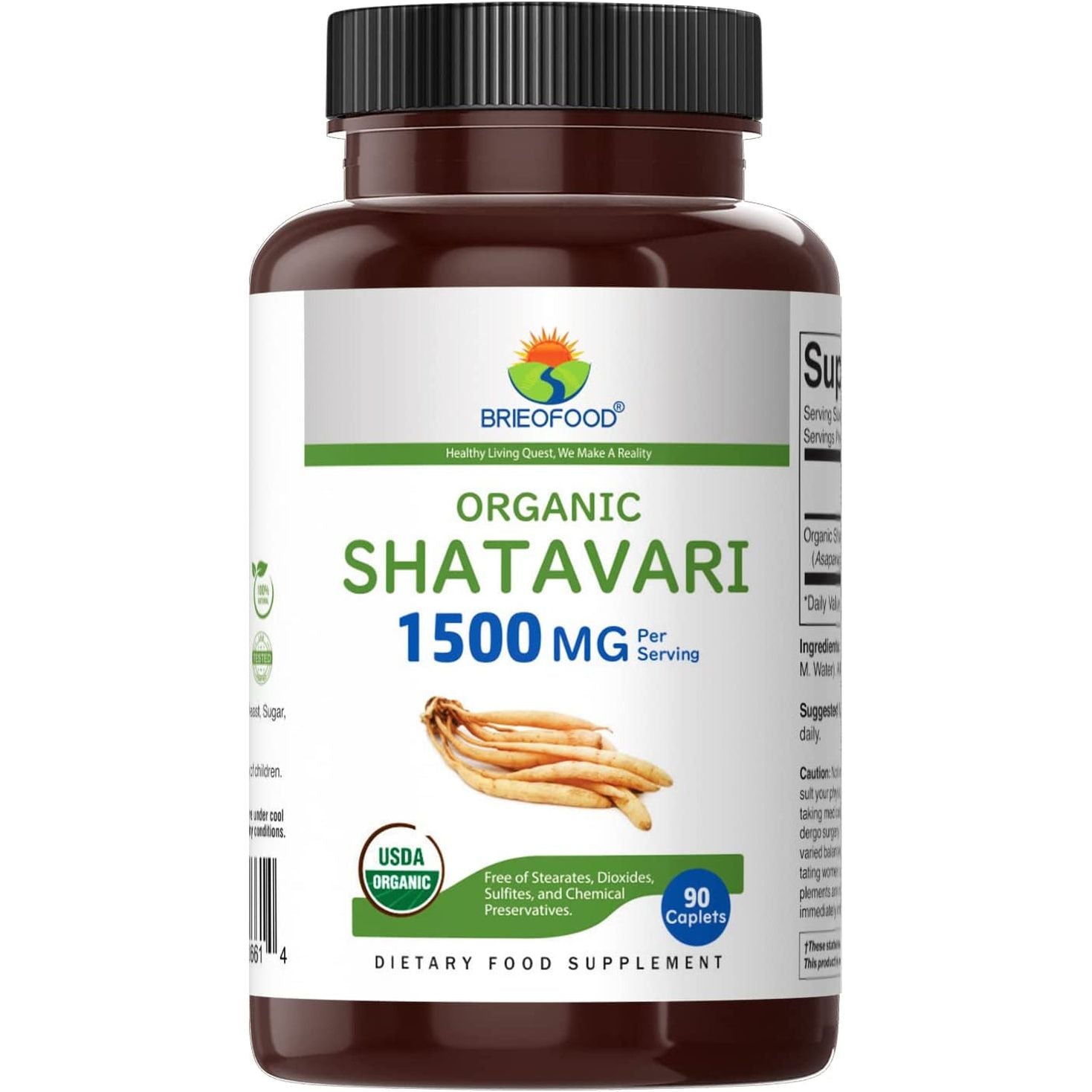 Brieofood Organic Shatavari 1500Mg, 45 Servings, Vegetarian, Gluten Free, 90 Vegetarian Tablets