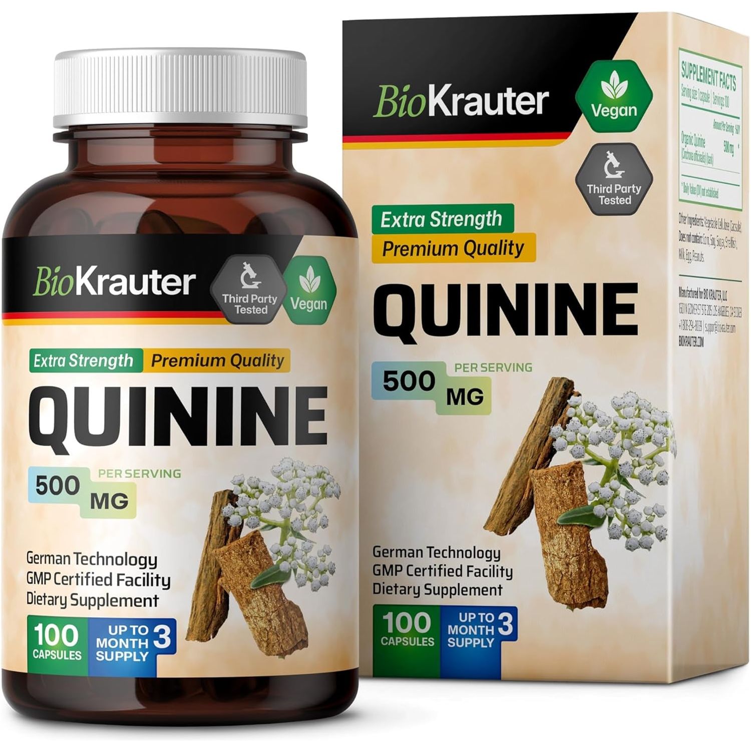 BIO KRAUTER Quinine for Leg Cramps Capsules 500 Mg - 100 Count - Cinchona Bark Powder - Quinine Capsules - Vegan, No Fillers