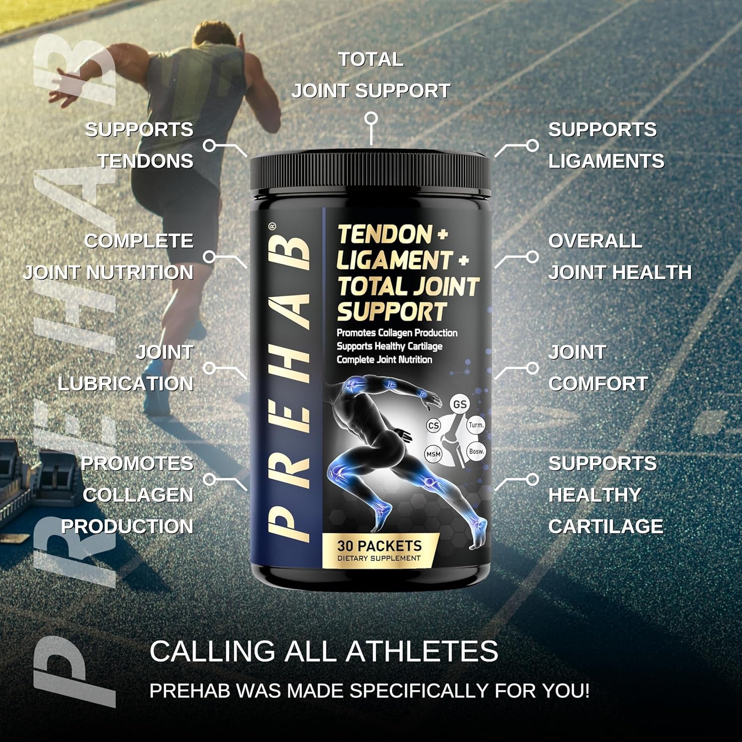 PREHAB Tendon + Ligament + Total Joint Support for Athletes with Glucosamine Chondroitin MSM Turmeric Boswellia