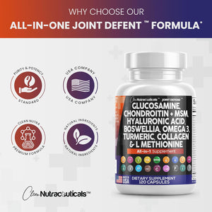 Clean Nutraceuticals Glucosamine Chondroitin MSM Turmeric Hyaluronic Acid Boswellia Collagen Tart Cherry -120 Count