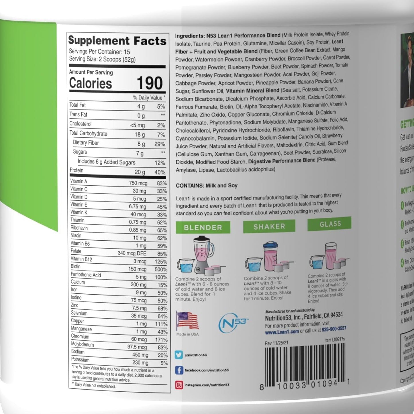 Nutrition 53 Lean 1 Meal Replacement Powder for Weight Loss & Fat Burner (15 Servings)